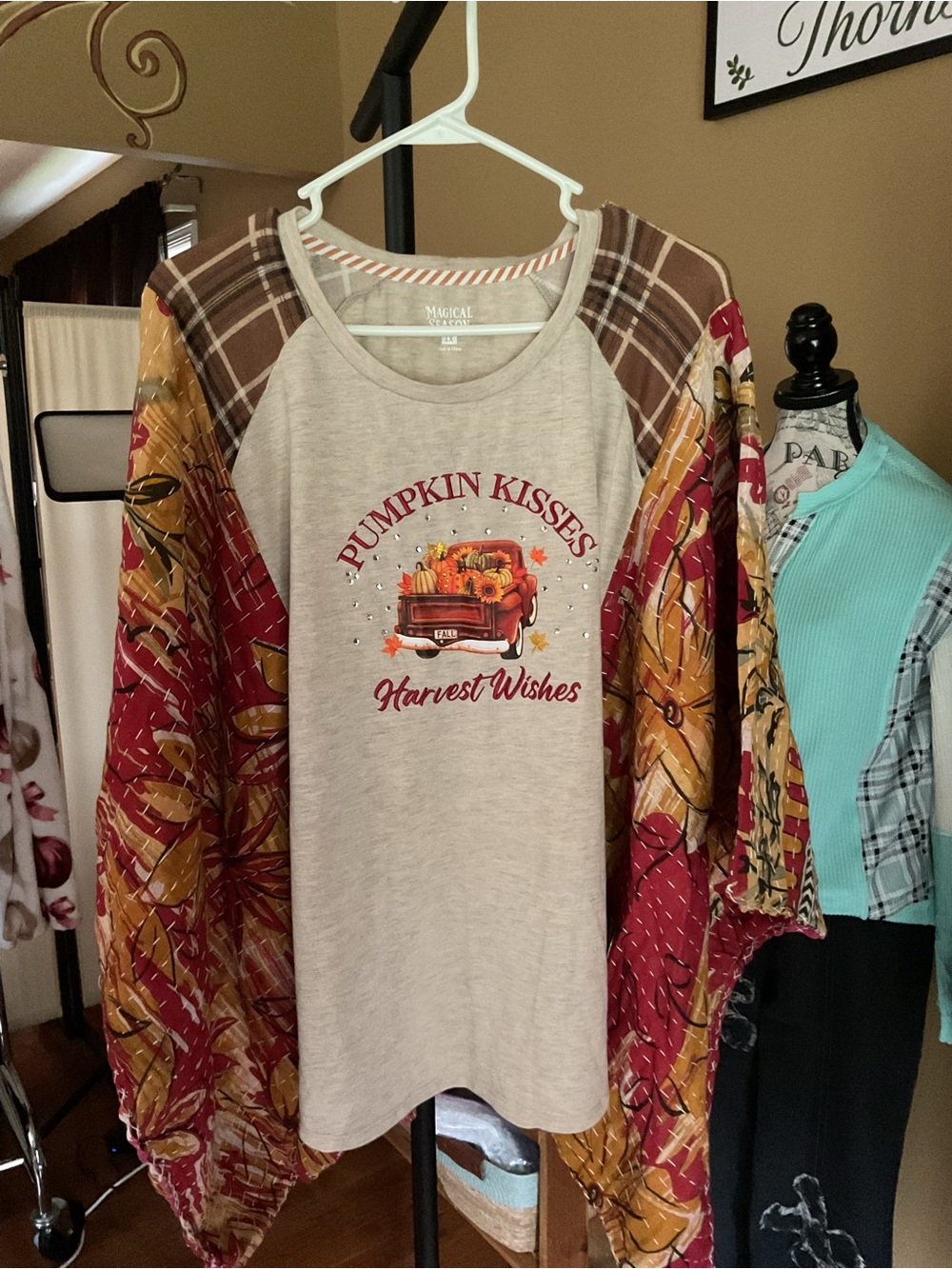 Pumpkin Kisses Harvest Wishes Raglan Top - Cream & Red